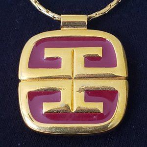 Givenchy Red Enamel Necklace & Pendant 1980 G Clasp Gold Tone Vintage